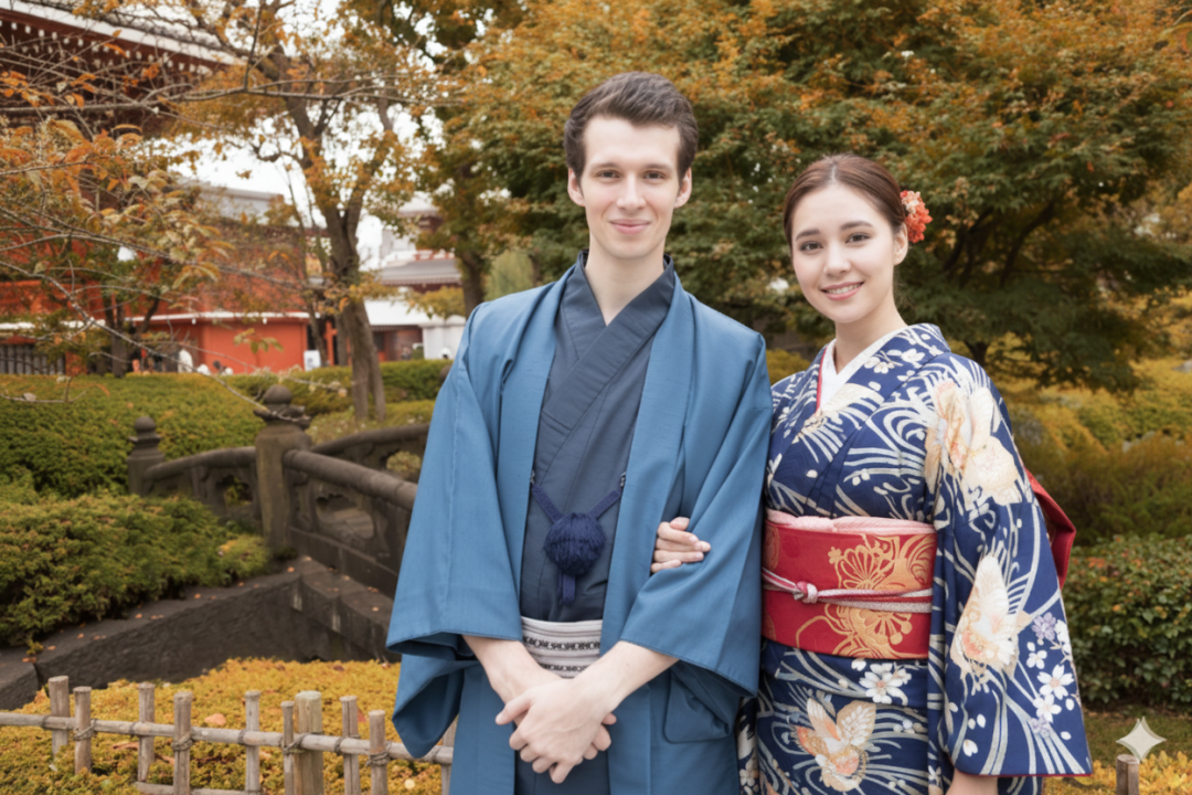 秋の浅草寺でポーズをとる着物姿の男女の写真